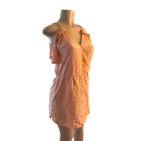 Women M Parker 100% Silk Wrap Mini Dress Pink Cold Off Shoulder Surplice - Picture 1 of 6